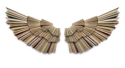 A pair of open books arranged to resemble a pair of spread wings, with pages fanned out.