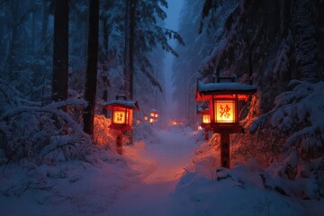 Warm winter nights in a snowy forest with glowing lanterns and a peaceful path through trees and soft, fresh snow