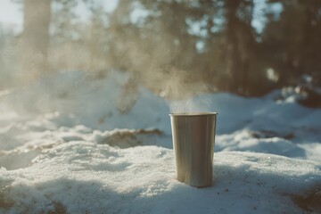 Cozy travel cup with hot drink steaming in the winter snow, capturing the essence of peaceful mountain escapes