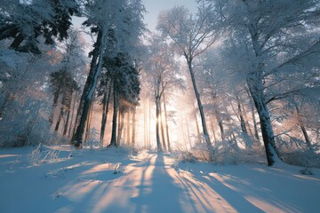Sunlight filters through frosted branches in a serene winter forest at dawn, highlighting the beauty of fresh snow and nature's tranquility