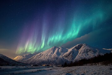 Breathtaking view of auroras illuminating snowy mountains during winter nights in cozy alpine villages
