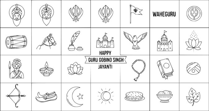 Happy Guru Gobind Singh Jayanti line art icons set. Collection of doodle religious symbols and cultural elements for Sikh festival celebration.