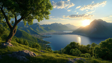 Mountains by the sea. A stunning panoramic view of a tropical coastal city. 