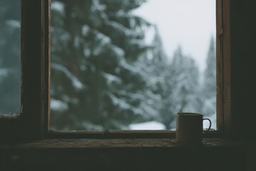 Cozy winter view from a cabin window featuring snow-covered pine trees and a warm cup sitting on the sill