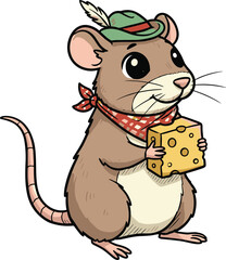 Cartoon Rat Holding Cheese in Alpine Hat and Neckerchief – Whimsical Animal Character in Traditional Costume Vector Illustration