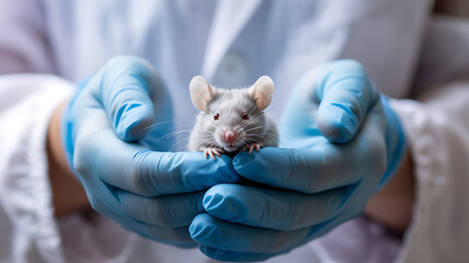 Gentle hands in sterile gloves carefully cradling a small, inquisitive mouse, symbolizing medical research and laboratory animal care with compassion