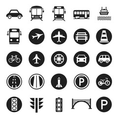 Collection of white transportation and traffic icons on black background