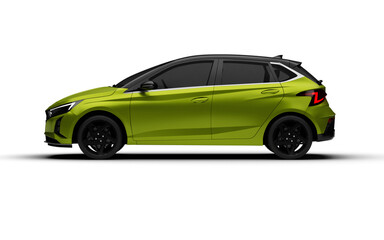 Full left side profile of the green colored modern hatchbag car on a transparent background.