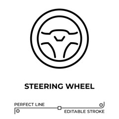 Vector line icon related to steering wheel. Perfect Line. Editable Stroke.