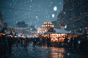 Winter city scene with festive decorations, snowflakes, and a bustling market filled with holiday cheer and warmth in the heart of the mountains