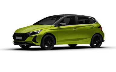 Fototapeta premium Front left three-quarter angle of green colored modern hatchbag car on transparent background.