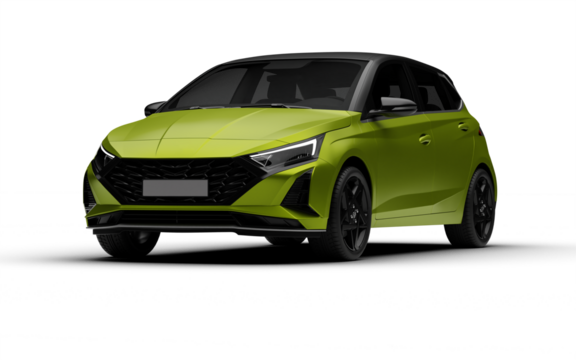 Front left three-quarter angle of green colored modern hatchbag car on transparent background.