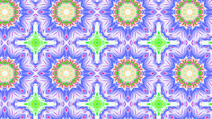 Seamless psychedelic kaleidoscope pattern with neon green, pink and orange mandala symmetry
