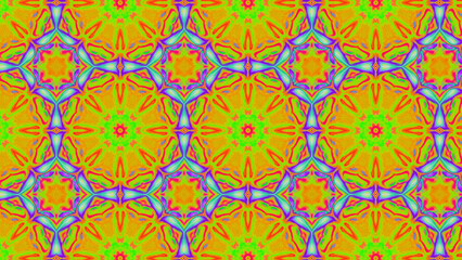 Seamless psychedelic kaleidoscope pattern with neon green, pink and orange mandala symmetry