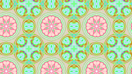 Seamless psychedelic kaleidoscope pattern with neon green, pink and orange mandala symmetry