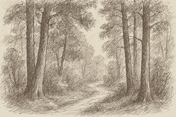Fototapeta premium Sketch rough forest vector shading pencil outlines scene tall trees illustration