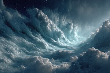 Majestic swirling clouds create a stunning atmosphere in a night sky filled with stars