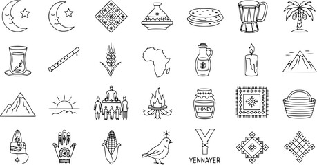 Amazigh Yennayer Culture Icons. Traditional Berber Symbols, Food, and Celebration Doodles. North African Heritage Vector Set.