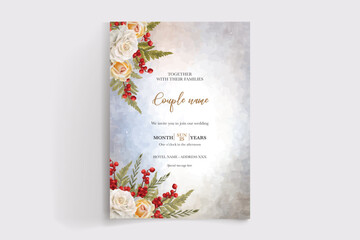 WEDDING INVITATION FRAME WITH FLOWER DECORATIONS AND FRESH LEAVES