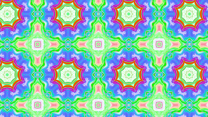Seamless psychedelic kaleidoscope pattern with neon green, pink and orange mandala symmetry