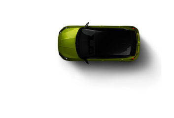 90 degree top down view of the green colored modern hatchbag car on transparent background.