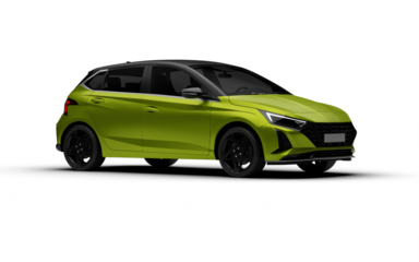 Front right three-quarter view of the green colored modern hatchbag car with transparent background.