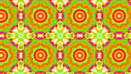 Seamless psychedelic kaleidoscope pattern with neon green, pink and orange mandala symmetry