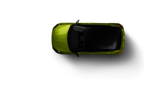 90 degree top down view of the green colored modern hatchbag car on transparent background. - Powered by Adobe