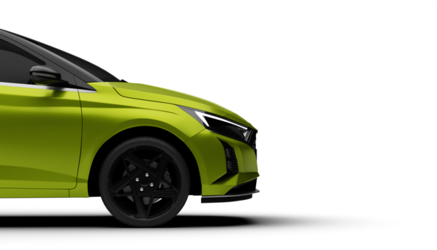 Front right half view of green colored modern hatcbag car showcasing detailed exterior on transparent background.