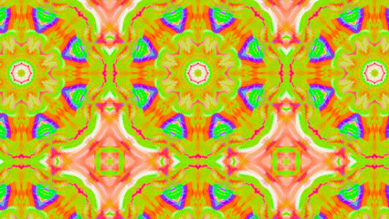 Seamless psychedelic kaleidoscope pattern with neon green, pink and orange mandala symmetry