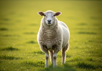 Obraz premium A fluffy white sheep stands in a vibrant green field under warm sunlight, looking directly at the viewer.
