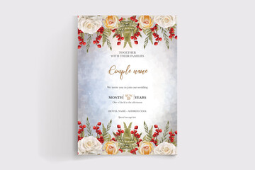 WEDDING INVITATION FRAME WITH FLOWER DECORATIONS AND FRESH LEAVES