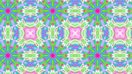 Seamless psychedelic kaleidoscope pattern with neon green, pink and orange mandala symmetry