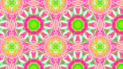 Seamless psychedelic kaleidoscope pattern with neon green, pink and orange mandala symmetry