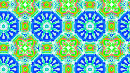Seamless psychedelic kaleidoscope pattern with neon green, pink and orange mandala symmetry
