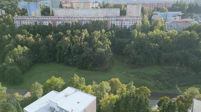 Liberec, Czechia aerial drone mood town panorama, development area