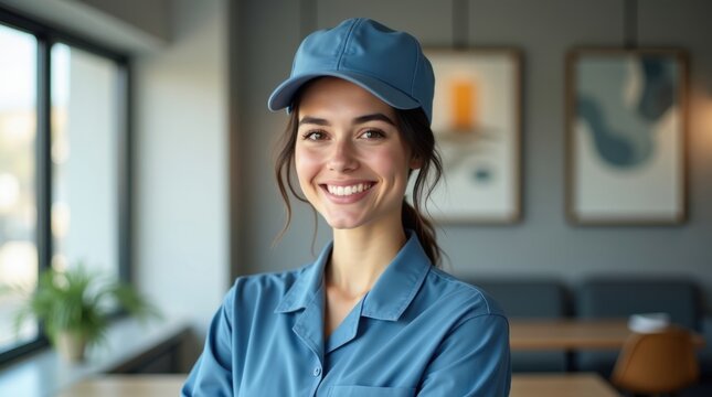 Mujer joven con una sonrisa c&aacute;lida y radiante, con una gorra azul impecable y un uniforme de trabajo cuidadosamente planchado