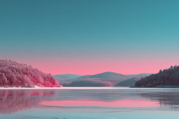 Serene winter landscape with pastel colors reflecting on calm water in a tranquil setting