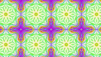 Seamless psychedelic kaleidoscope pattern with neon green, pink and orange mandala symmetry