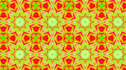 Seamless psychedelic kaleidoscope pattern with neon green, pink and orange mandala symmetry