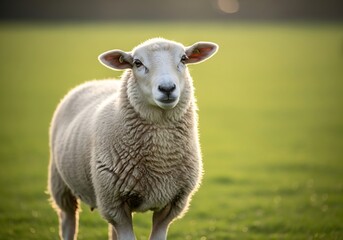 A white domestic sheep stands in a sunlit green pasture, looking directly at the camera with a calm expression.