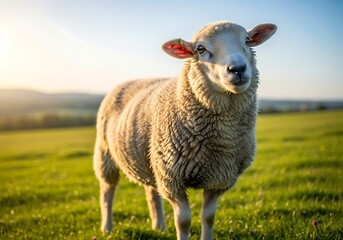 Obraz premium A fluffy white sheep stands in a vibrant green pasture under the warm glow of the setting sun, looking directly at the viewer.