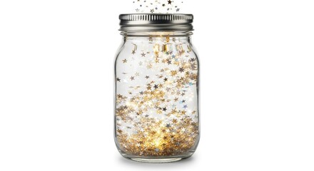 A clear glass mason jar filled with shimmering gold glitter and small lights.