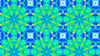 Fototapeta premium Seamless psychedelic kaleidoscope pattern with neon green, pink and orange mandala symmetry