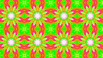 Seamless psychedelic kaleidoscope pattern with neon green, pink and orange mandala symmetry