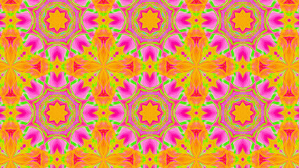 Seamless psychedelic kaleidoscope pattern with neon green, pink and orange mandala symmetry