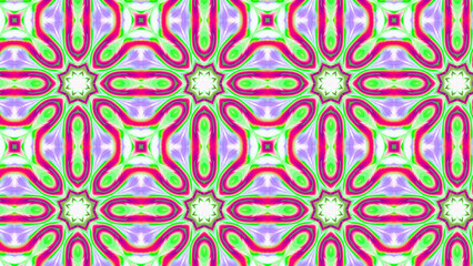 Seamless psychedelic kaleidoscope pattern with neon green, pink and orange mandala symmetry