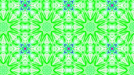 Fototapeta premium Seamless psychedelic kaleidoscope pattern with neon green, pink and orange mandala symmetry
