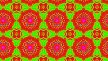 Fototapeta premium Seamless psychedelic kaleidoscope pattern with neon green, pink and orange mandala symmetry