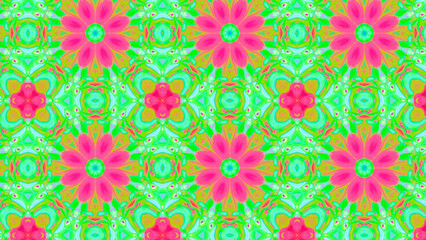 Seamless psychedelic kaleidoscope pattern with neon green, pink and orange mandala symmetry